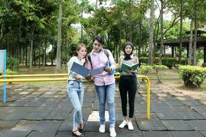 joven asiático malayo chino hombre mujer al aire libre parque caminar estar estudiar hablar discutir punto ordenador portátil archivo libro mochila mezclarse foto