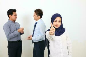 South east Asian Malay Chinese Man Woman facial expression stand confident talk discuss thumbs up photo