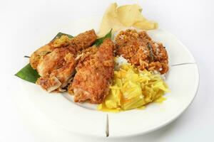 Traditional Malaysian Indian food white rice cabbage vegetable meat deep fried chopped chicken leg topped up with spicy mix gravy white background photo