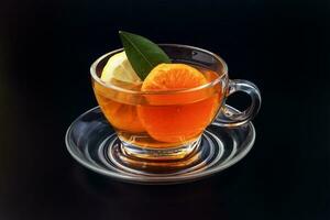 Liquid tea lemon orange slice green leaf cinnamon stick in transparent glass teacup saucer on black background photo