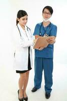 Young Asian male female doctor wearing apron uniform tunic apron hold photo