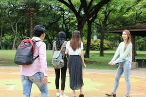 Young asian malay chinese man woman outdoor park walk stand study talk discuss point laptop file book backpack mingle fun happy photo