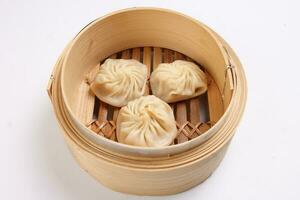 Xiao long bao dim sum dumpling chicken prawn fish seafood vegetable in bamboo steamer on white background photo