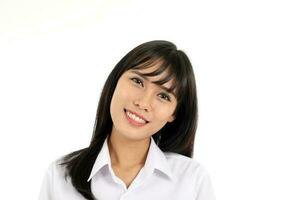 Facial Expression Young Asian woman office attire white background smile teeth photo