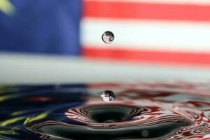 Water droplet drop splash collision dripping pillar Malaysia Flag reflection refraction independence country patriot photo