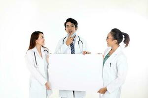 Asian Chinese Malay male female doctor holding posing showing pointing blank expression happy exited white paper board on white background photo