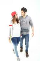 Yong south east Asian middle eastern Caucasian youth man woman in casual dress walk talk fun sit at table book notebook pen laptop computer study think read on white background photo