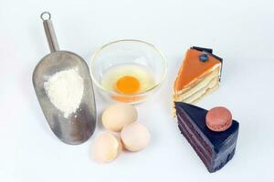 Raw Egg cake flower ingredient on white background photo