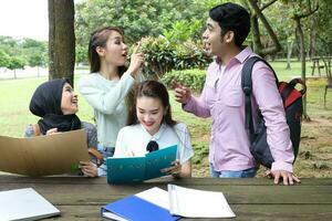 joven asiático malayo chino hombre mujer al aire libre parque libro archivo carpeta ordenador portátil computadora teléfono sentar estar estudiar mezclarse foto