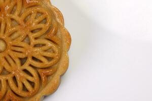 Colorful flower decorated mooncake Chinese mid autumn festival on white background border copy text space photo