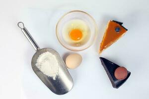 Raw Egg cake flower ingredient on white background photo