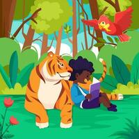 linda chico leyendo libro en tropical bosque con Tigre y pájaro vector