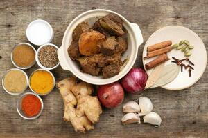 Beef bhuna dry curry with potato in ceramic bowl ingredients chilli cumin coriander turmeric powered salt onion garlic ginger bay leaf cinnamon cardamom clove over rustic wood background photo
