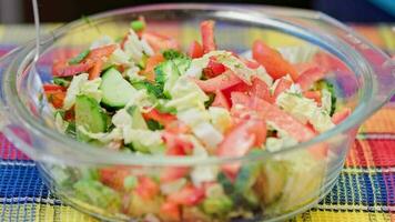 Prozess von Rühren Gemüse Salat mit Stahl Löffel video