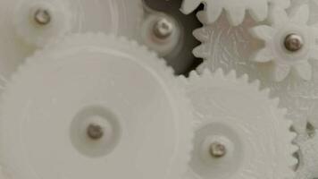 five plastic gears rotate in mutual mesh inside a small reduction gear video