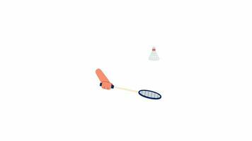 Shuttlecock hitting animation. Animated isolated 2D badminton racquet, shuttle. Hand holding racket. Cartoon flat hand 4K video footage, white background, alpha channel transparency for web design