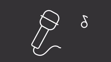 Animated microphone white line icon. Singing sound animation. Musical notes floating from mic. Seamless loop HD video with alpha channel, transparent background. Motion graphic design for night mode