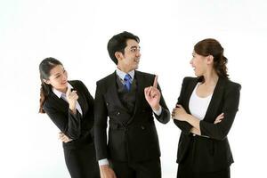 Southeast Asian young office business man woman wearing suit stand expressions talk gossip whisper on white studio background photo