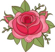 Beautiful Red Rose Flower With Leaves Icon In Flat Style. vector