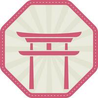 Flat Torii Gate Against Rays Hexagon Background In Pink And Grey Color. vector