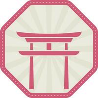 Flat Torii Gate Against Rays Hexagon Background In Pink And Grey Color. vector