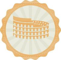 Flat Colosseum With Rays On Wavy Circle Background In Grey And Orange Color. vector