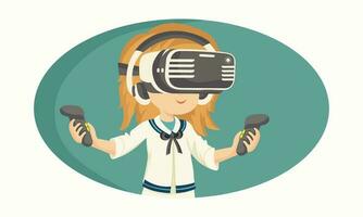 Young Girl Character Wearing VR Headset With Hold Controllers On Teal And White Background. vector