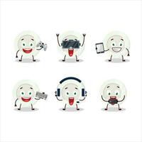White plate cartoon character are playing games with various cute emoticons vector