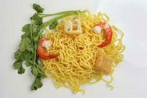 Fresh yellow egg noodle prawn tofu coriander leaf on whit background photo