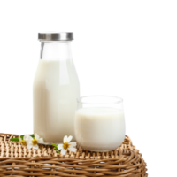 un botella de Leche y vaso de Leche en un cesta mesa con transparente antecedentes png, nutritivo y sano lechería productos png