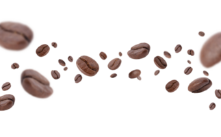 Flying whirl roasted coffee beans in the air studio shot with transparent background png