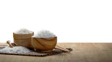 Rice and steamed rice in wooden bowl with the chopsticks on the wooden table with transparent background png