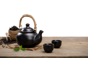 Tea cup with with steaming teapot on the wooden desk with transparent background png, Japanese style png