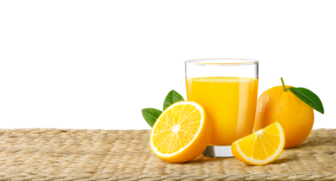 Glass of fresh orange juice on a rattan basket, Fresh fruits Orange juice in glass with group on transparent background png