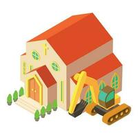 Excavator work icon isometric vector. Crawler excavator near christian church vector