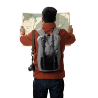 A young traveler man with backpack in look searching direction on location map transparent background png, Adventure and travel in the mountains region concept png