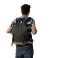 A young traveler man with backpack in look searching direction on location map transparent background png, Adventure and travel in the mountains region concept png