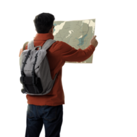 en ung resande man med ryggsäck i se sökande riktning på plats Karta transparent bakgrund png, äventyr och resa i de bergen område begrepp png