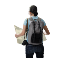 Travelling tourist with her backpack look searching direction on location map transparent background png, Adventure and travel in the mountains region concept png