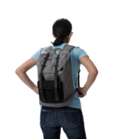 Travelling tourist with her backpack look searching direction on location map transparent background png, Adventure and travel in the mountains region concept png