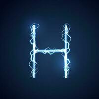 Blue lightning style letter or alphabet H. lightning and thunder bolt or electric font, glow and sparkle effect on blue background. vector design.