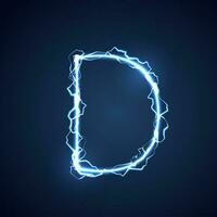 Blue lightning style letter or alphabet D. lightning and thunder bolt or electric font, glow and sparkle effect on blue background. vector design.