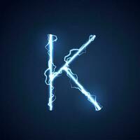 Blue lightning style letter or alphabet K. lightning and thunder bolt or electric font, glow and sparkle effect on blue background. vector design.