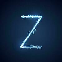 Blue lightning style letter or alphabet Z. lightning and thunder bolt or electric font, glow and sparkle effect on blue background. vector design.