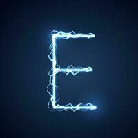 Blue lightning style letter or alphabet E. lightning and thunder bolt or electric font, glow and sparkle effect on blue background. vector design.