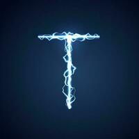 Blue lightning style letter or alphabet T. lightning and thunder bolt or electric font, glow and sparkle effect on blue background. vector design.