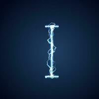 Blue lightning style letter or alphabet I. lightning and thunder bolt or electric font, glow and sparkle effect on blue background. vector design.