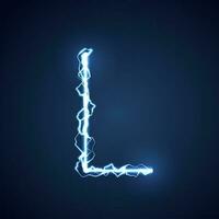 Blue lightning style letter or alphabet L. lightning and thunder bolt or electric font, glow and sparkle effect on blue background. vector design.