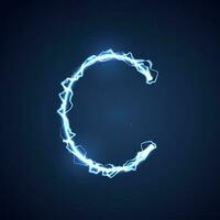 Blue lightning style letter or alphabet C. lightning and thunder bolt or electric font, glow and sparkle effect on blue background. vector design.