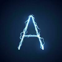 Blue lightning style letter or alphabet A. lightning and thunder bolt or electric font, glow and sparkle effect on blue background. vector design.